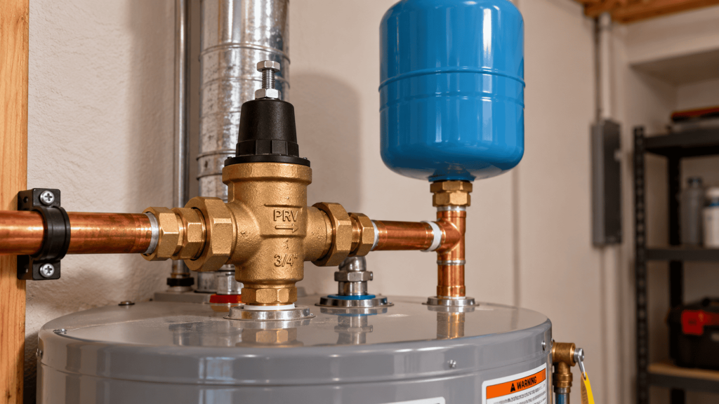 A close-up photograph of a residential pressure-reducing valve (PRV) and a blue thermal expansion tank installed on a water heater