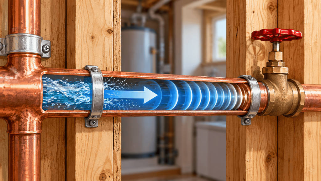 A cutaway diagram illustration of a copper residential water pipe with water running through it.