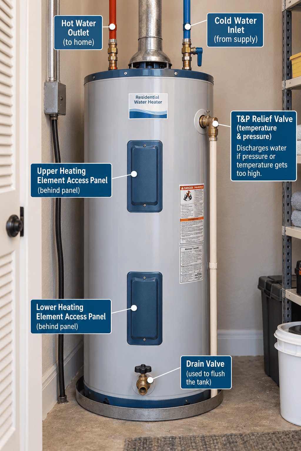 A detailed instructional diagram of a standard residential tank water heater