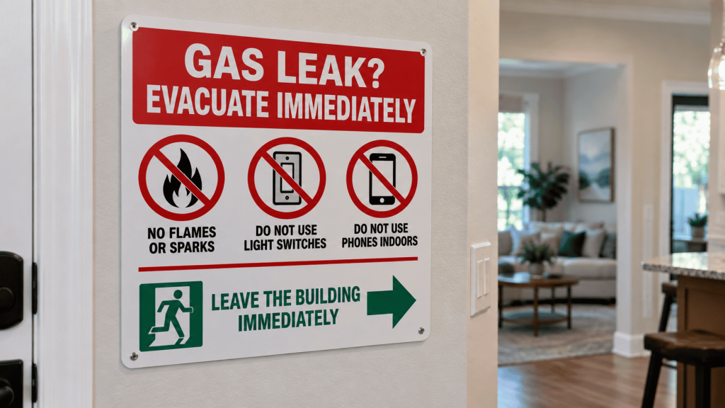 A home safety warning graphic displayed on a residential wall