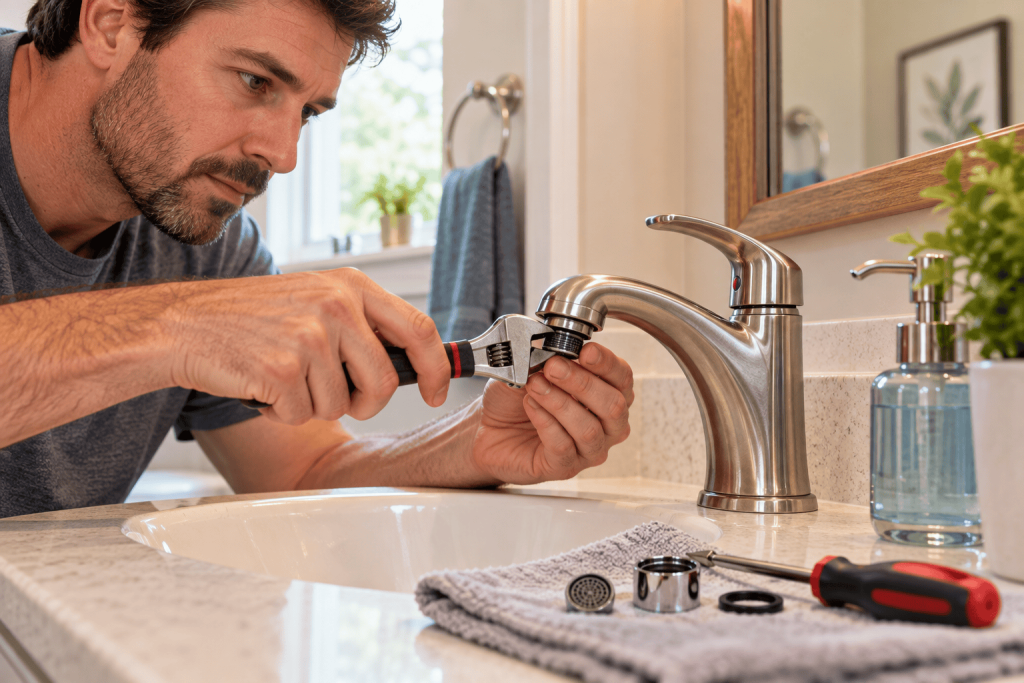 A homeowner using an adjustable wrench to carefully tighten a faucet aerator