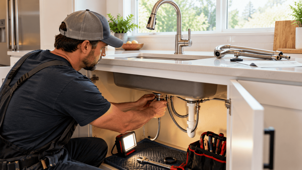 A professional plumber installing a brand-new modern kitchen faucet
