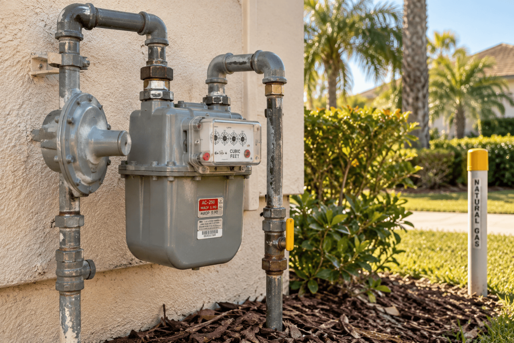 A residential outdoor natural gas meter mounted on the exterior wall of a Florida home