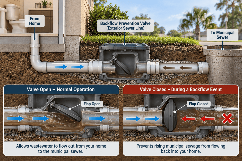 Infographic diagram of a residential sewer line showing a backflow prevention valve installed on an exterior main sewer pipe
