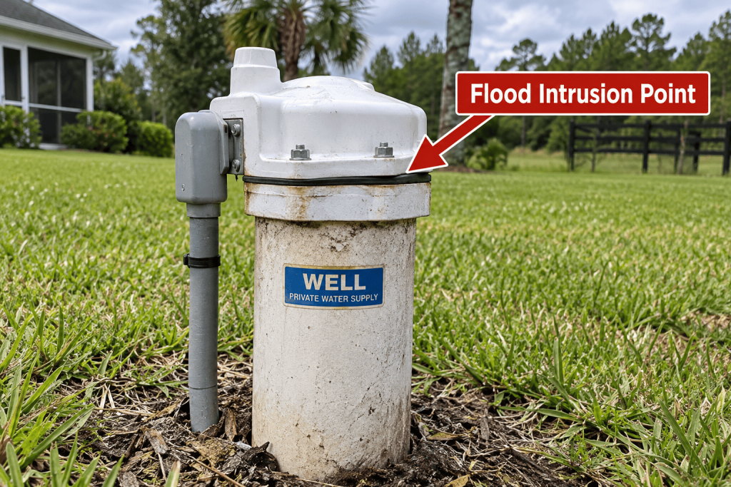 Private Water well and well cap seal with an arrow and label reading flood intrusion point